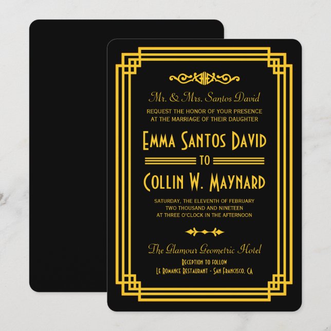 Art Deco Black and Gold Hochzeiten Einladungen (Vorne/Hinten)