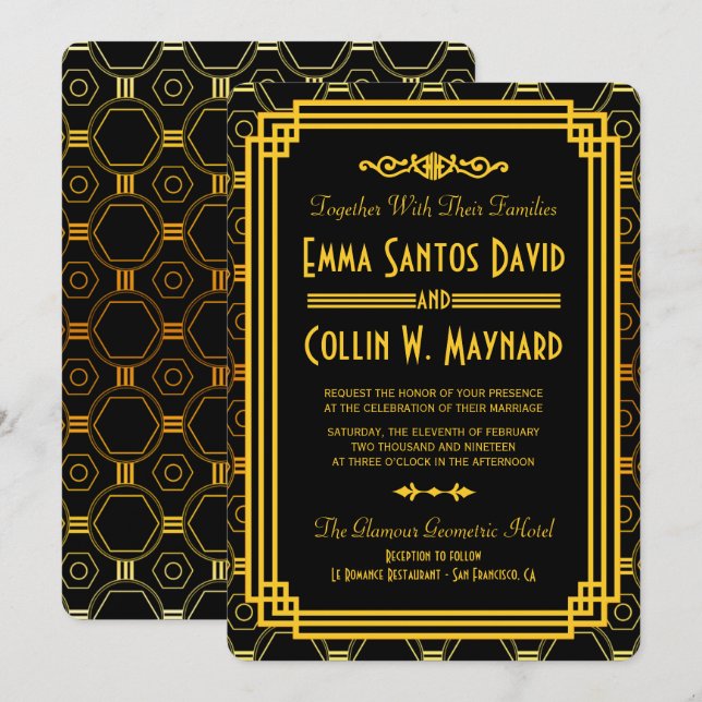 Art Deco Black and Gold Hochzeiten Einladungen (Vorne/Hinten)