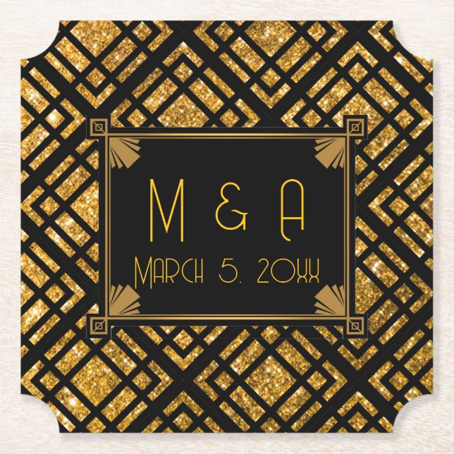 Art Deco Black and Gold Hochzeitsticket Untersetze Untersetzer (Vorderseite)