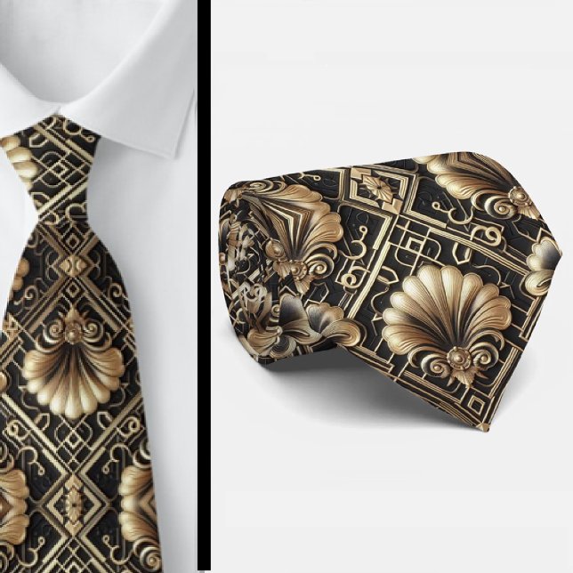 Art Deco Black and Gold Seashell Pattern Neck Tie Krawatte (Von Creator hochgeladen)