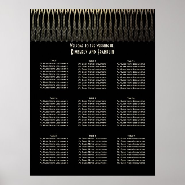 Art Deco Black and Gold Seating Chart Poster (Vorne)