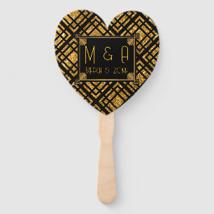 Art Deco Black and Gold Wedding Heart Hand Fan Fächer