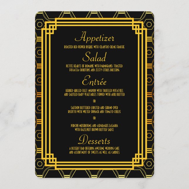 Art Deco Black and Gold Wedding Menü Menükarte (Vorderseite)