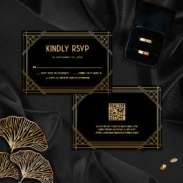 Art Deco Black and Gold Wedding QR Code RSVP Card Dankeskarte