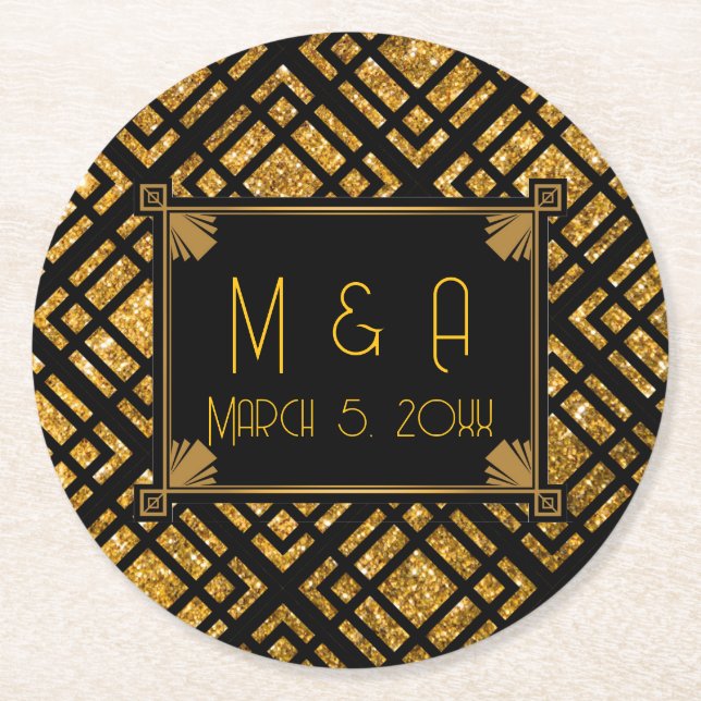 Art Deco Black and Gold Wedding Round Untersetzer (Vorderseite)