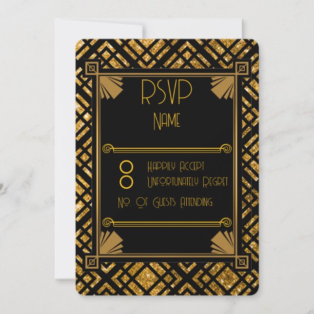 Art Deco Black and Gold Wedding Rounded RSVP Card (Vorderseite)