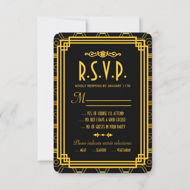 Art Deco Black and Gold Wedding RSVP (Vorderseite)