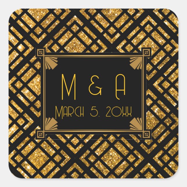 Art Deco Black and Gold Wedding Square Stickers (Vorderseite)