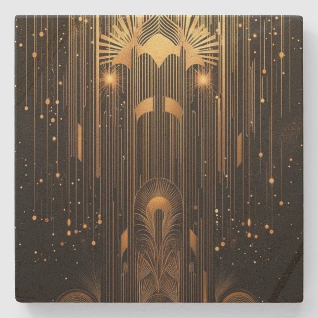 Art Deco Black and Golden Rain Stylish Steinuntersetzer (Vorderseite)