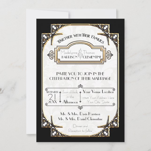 Art Deco Black and White Gold Typografy Wedding Einladung (Vorderseite)