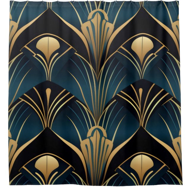 Art Deco Black Blue und Gold symmetrisch Duschvorhang (Vorderseite)
