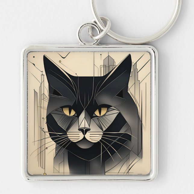 Art Deco Black Cat Schlüsselanhänger (Vorne)