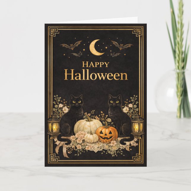 Art Deco Black Cats Luxury Halloween Karte (Vorderseite)
