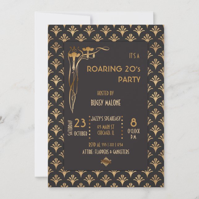 Art Deco Black & Gold 1920er Jahre Einladung (Vorderseite)