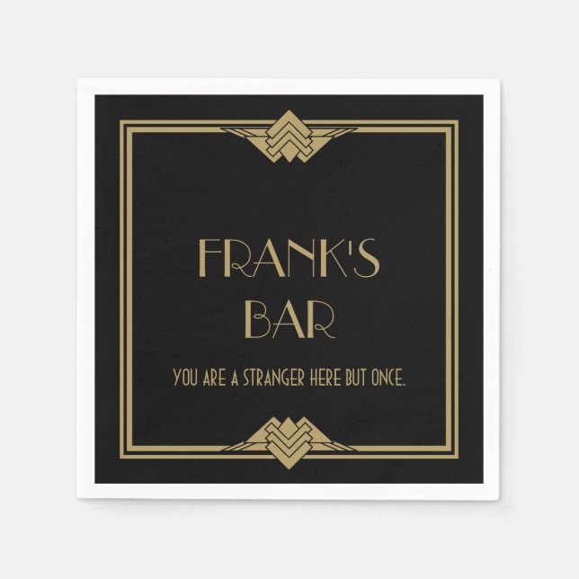 Art Deco Black Gold Bar Name Serviette (Vorderseite)