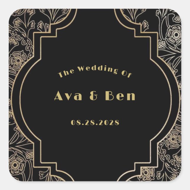 Art Deco Black Gold Blume Hochzeit Quadratischer Aufkleber (Vorderseite)
