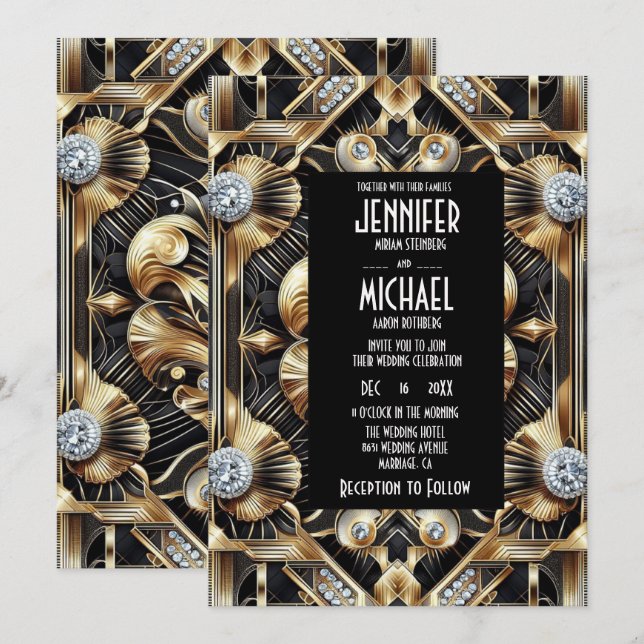 Art Deco Black & Gold Diamond Wedding Invitations (Devant / Derrière)