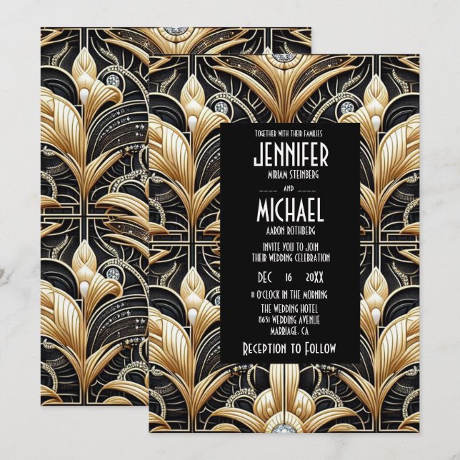 Art Deco Black & Gold Diamond Wedding Invitations (Devant / Derrière)