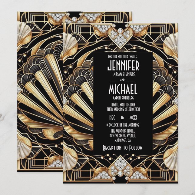 Art Deco Black & Gold Diamond Wedding Invitations (Devant / Derrière)