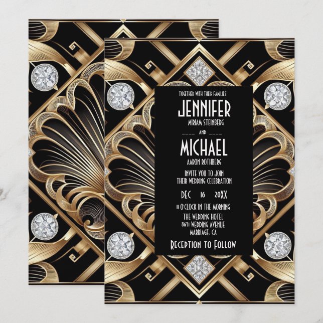 Art Deco Black & Gold Diamond Wedding Invitations (Devant / Derrière)