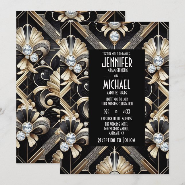 Art Deco Black & Gold Diamond Wedding Invitations Einladung (Vorne/Hinten)