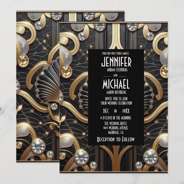 Art Deco Black & Gold Diamond Wedding Invitations Einladung (Vorne/Hinten)