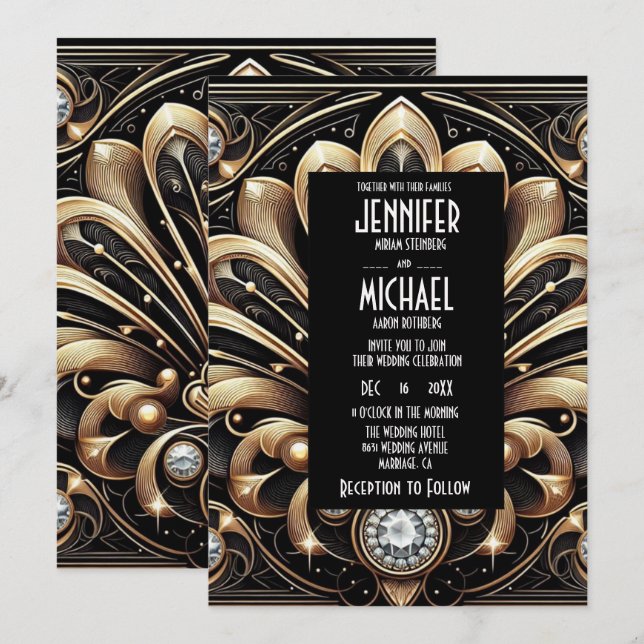 Art Deco Black & Gold Diamond Wedding Invitations Einladung (Vorne/Hinten)