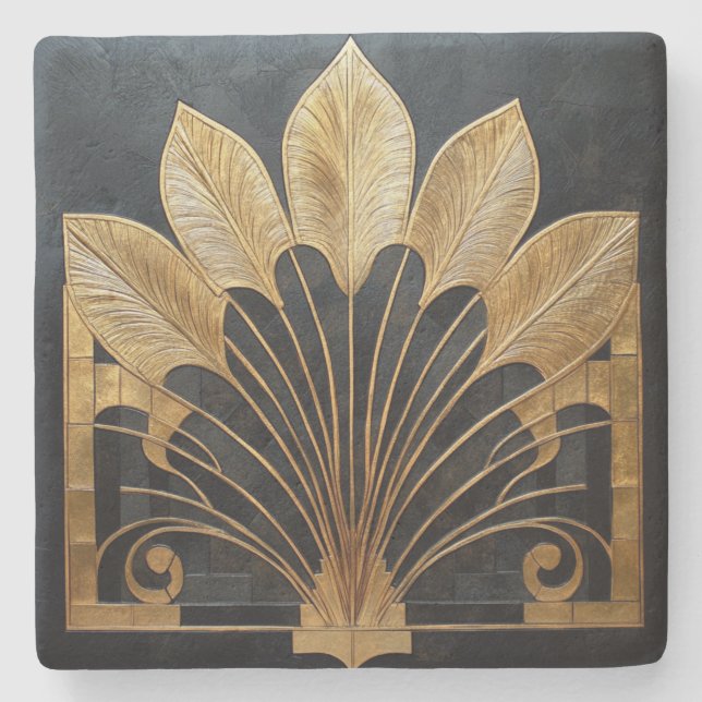 Art Deco Black Gold Feather Fan Steinuntersetzer (Vorderseite)