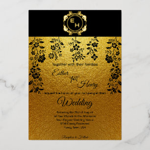 Art Deco Black Gold Foil Monogram Classic Wedding Folieneinladung