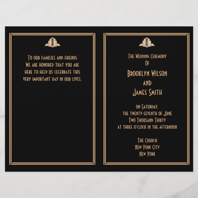 Art Deco Black Gold Gatsby Hochzeitsprogramme (Vorderseite)