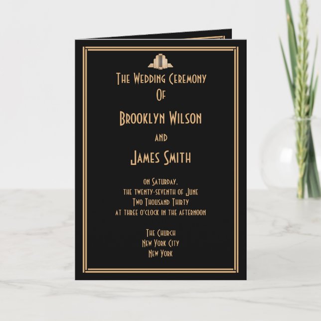 Art Deco Black Gold Gatsby Hochzeitsprogramme Programm (Vorderseite)