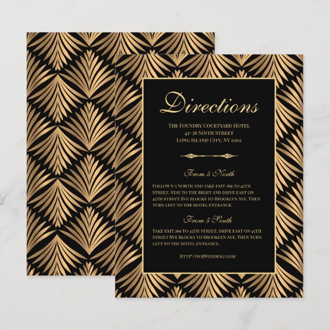 Art Deco Black Gold Gatsby Hochzeitsrichtungen Einladung (Vorne/Hinten)