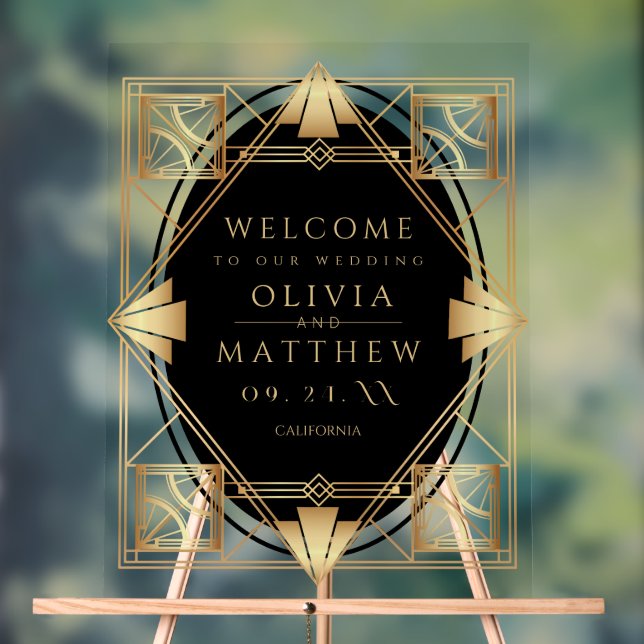 Art Deco Black Gold Geometric Wedding  Acrylschild (Neutral)