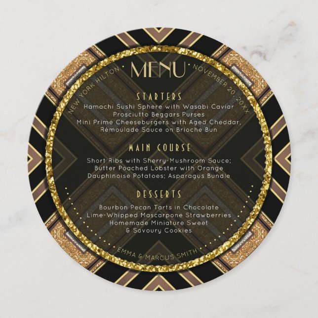 Art Deco Black Gold Geometrie Hochzeitsveranstaltu Menükarte (Vorderseite)