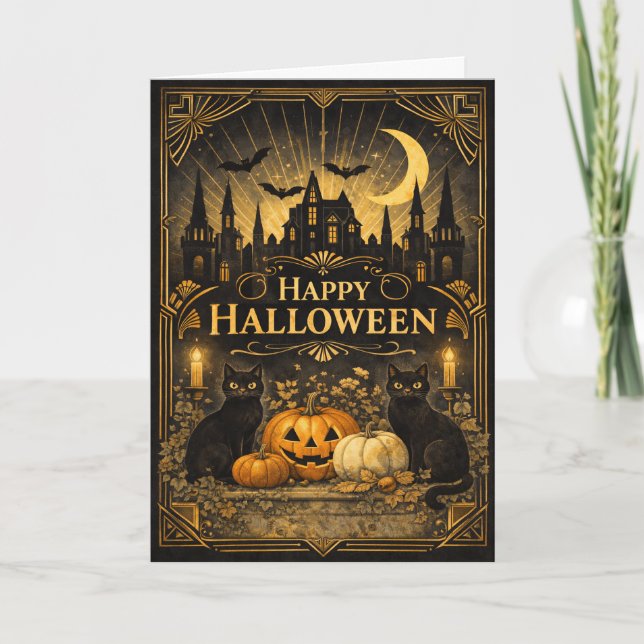 Art Deco Black Gold Halloween Karte (Vorderseite)