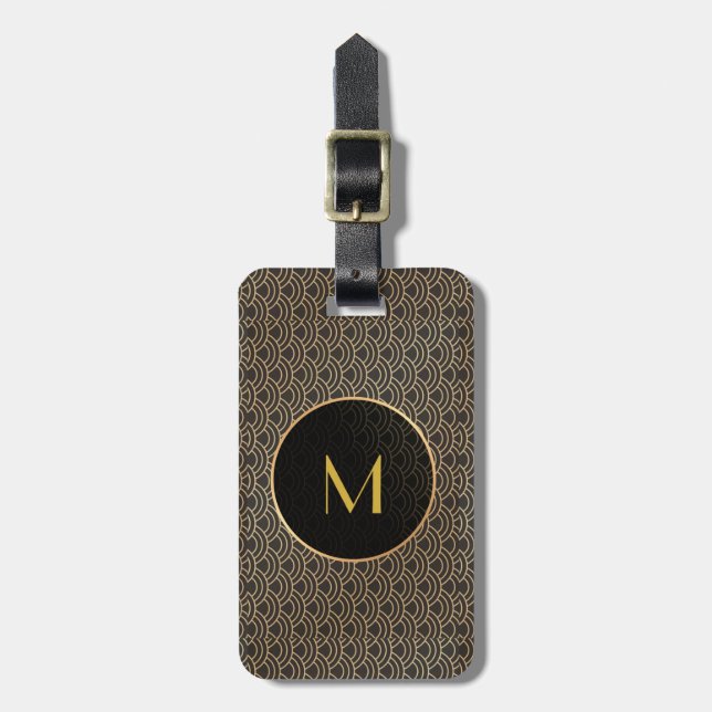 Art Deco Black Gold Monogram Gepäckanhänger (Vorderseite vertikal)