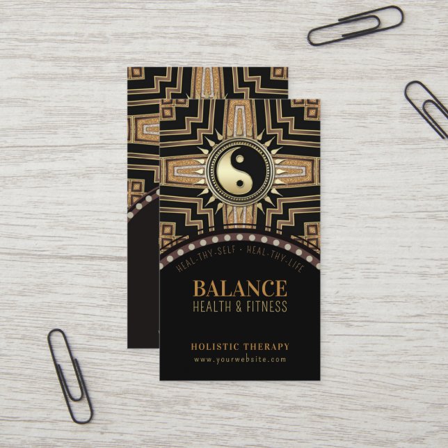 Art Deco Black Gold New Age Gold Glam Yin Yang Visitenkarte (Vorderseite/Rückseite Beispiel)