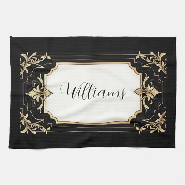 Art Deco Black & Gold Ornate Frame  Geschirrtuch (Horizontal)