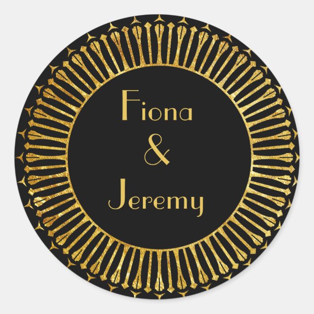 Art Deco Black & Gold Personalisierte Hochzeiten S Runder Aufkleber (Vorderseite)