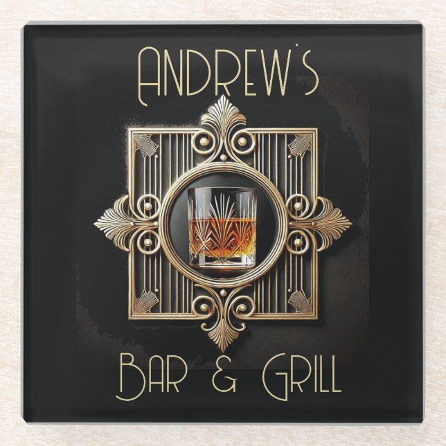 Art Deco, Black & Gold Whiskey Logo Bar & Grill Glasuntersetzer (Vorderseite)