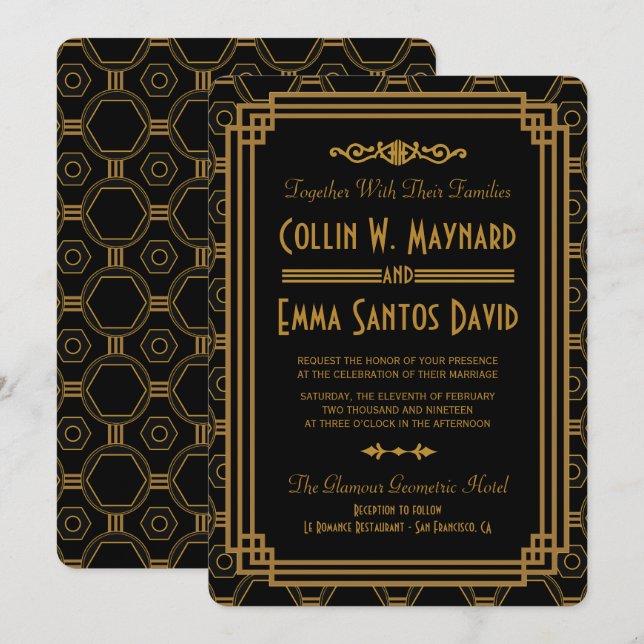 Art Deco Black Wedding Einladungen (Vorne/Hinten)