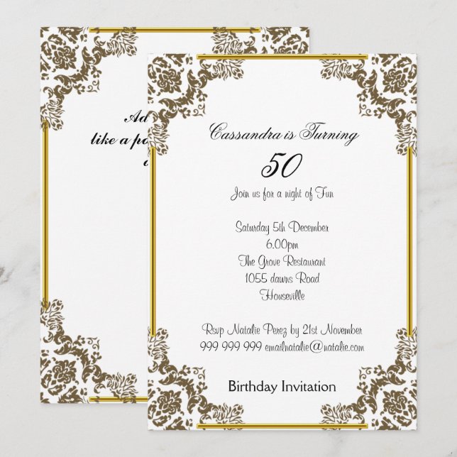 Art Déco Blanc 50e anniversaire Invitation (Devant / Derrière)