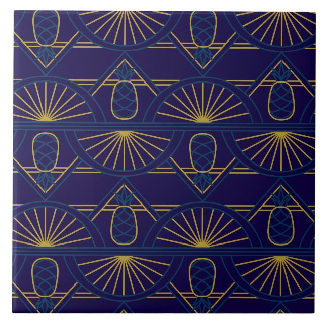 Art Deco Blau Gold Geometrisch Fliese (Vorderseite)