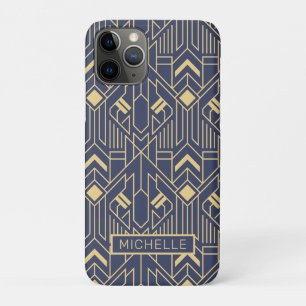 Art Deco Blau Gold Geometrischer Persönlicher Name Case-Mate iPhone Hülle