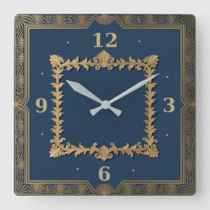 Art Deco Blau Quadratische Wanduhr