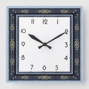 Art Deco Blau Quadratische Wanduhr