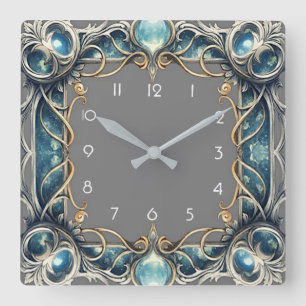 Art Deco Blau Quadratische Wanduhr