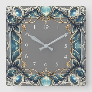 Art Deco Blau Quadratische Wanduhr