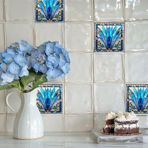 Art Deco Blau Weiße Goldene Blütenblätter Fliese