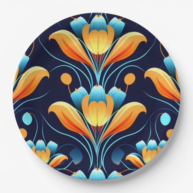 Art Deco blaue orangefarbene Blumen Pappteller (Vorderseite)